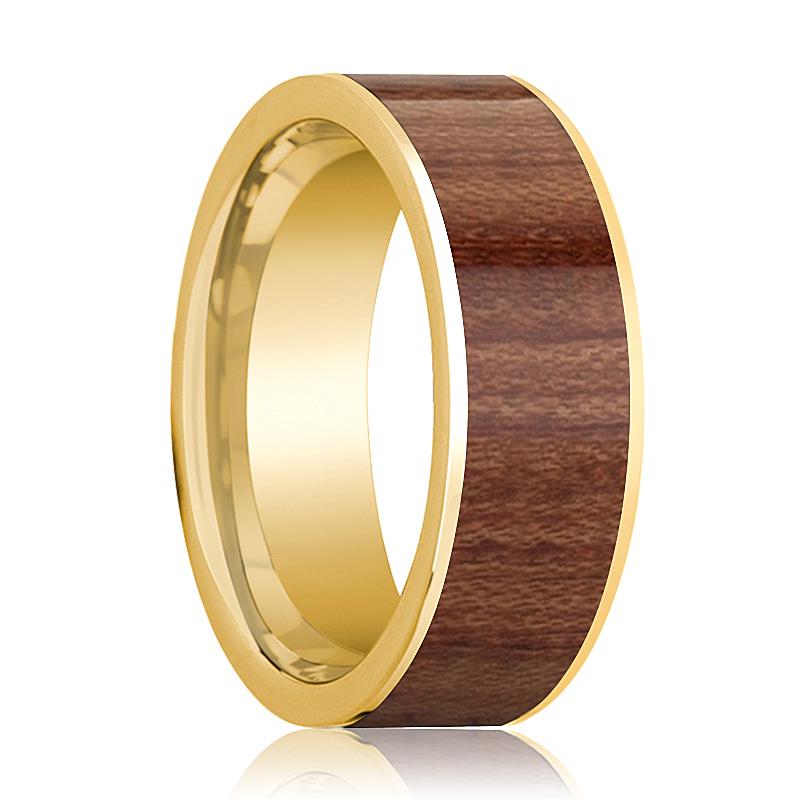 Rosewood inlay 14k yellow gold wedding band 8mm, top view