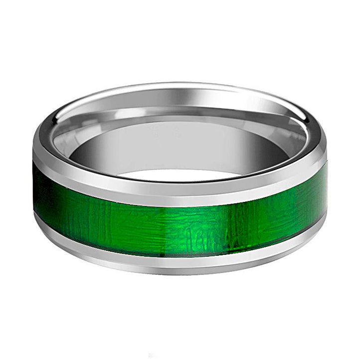 Polished Finish Men's Tungsten Wedding Band with Textured Green Inlay & Beveles - 8MM - Rings - Aydins Jewelry - 2