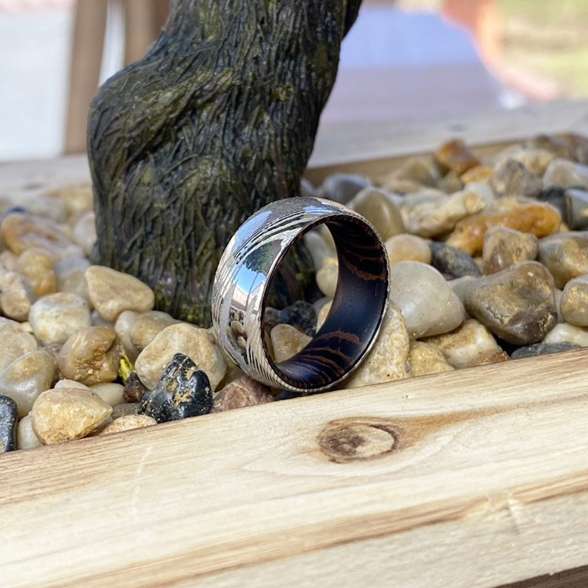 PROTECTOR — close-up detail — men's damascus steel wedding ring | Aydins Jewelry