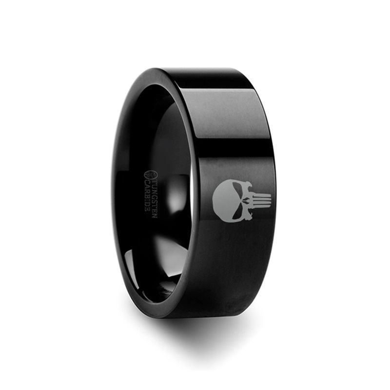 Punisher Symbol Super Hero Black Tungsten Engraved Tungsten Carbide men's wedding band, image 1