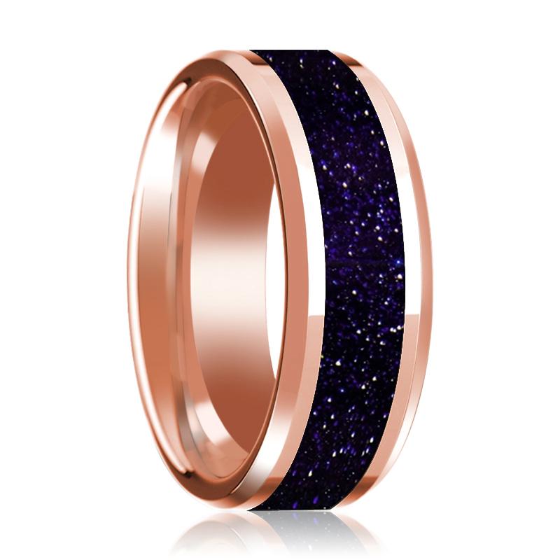 Goldstone inlay 14k rose gold wedding band 8mm, top view