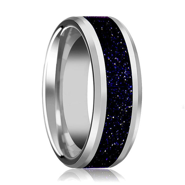 Purple Goldstone Inlay Tungsten Men's Wedding Band With Polished Finish Beveled - Rings - Aydins Jewelry - 1