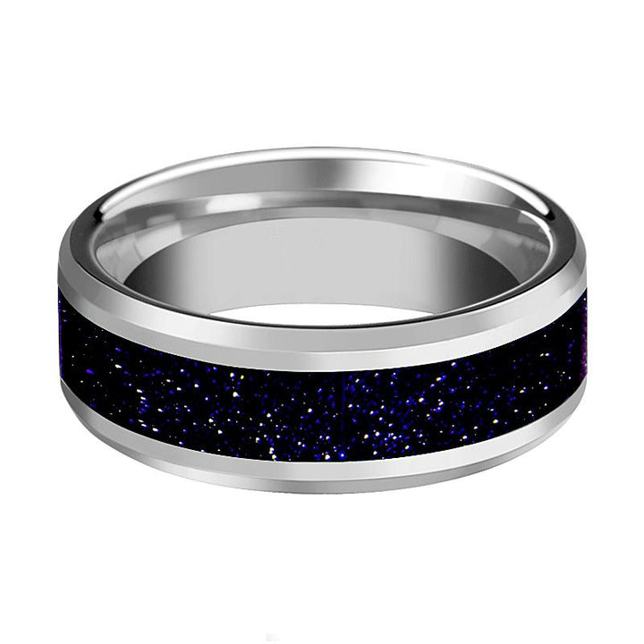 Purple Goldstone Inlay Tungsten Men's Wedding Band With Polished Finish Beveled - Rings - Aydins Jewelry - 2