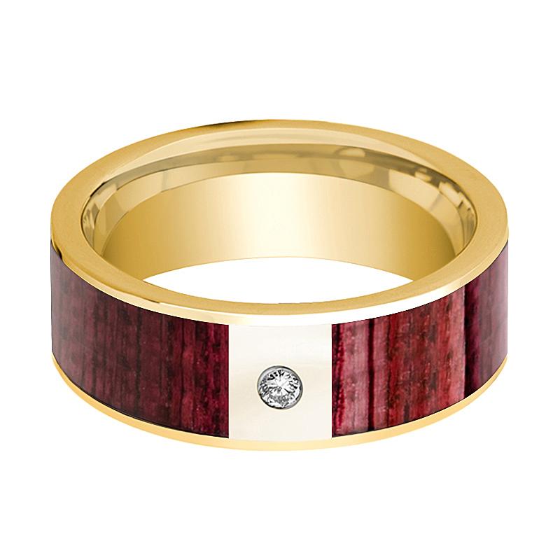 Purpleheart Wood inlay 14k white gold wedding band 8mm with diamond, side profile