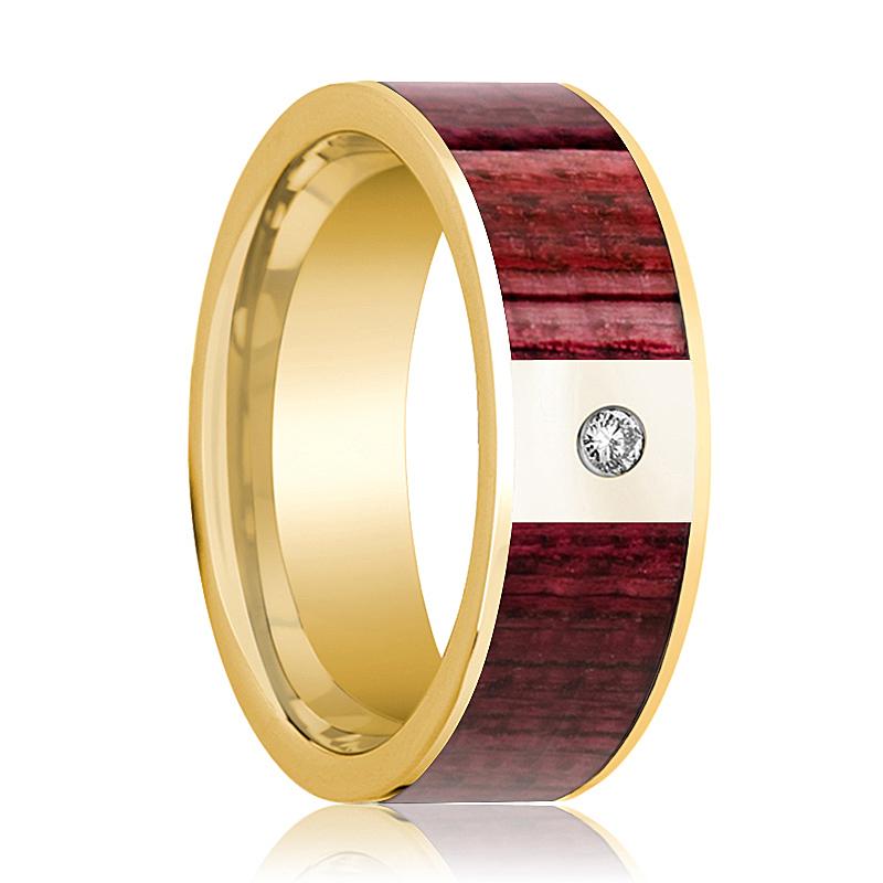 Purpleheart Wood inlay 14k white gold wedding band 8mm with diamond, top view
