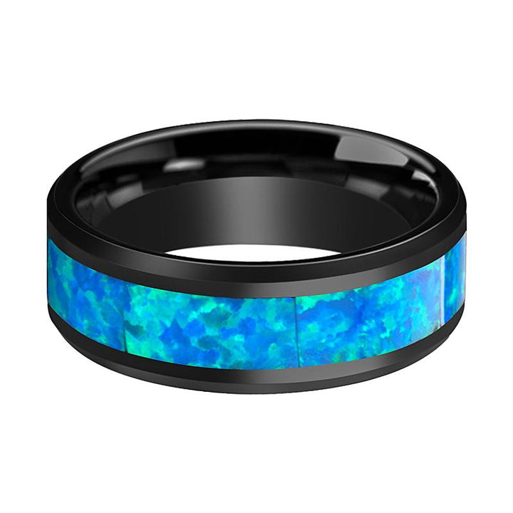 QUANTUM | Black Ceramic Ring, Blue & Green Opal Inlay, Beveled - Rings - Aydins Jewelry - 2
