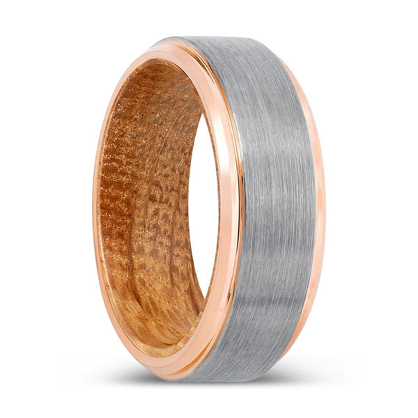 RADIC | Whiskey Barrel Wood, Silver Tungsten Ring, Brushed, Rose Gold Stepped Edge - Rings - Aydins Jewelry - 1