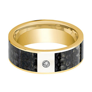Dinosaur Bone inlay 14k yellow gold wedding band with diamond, side profile