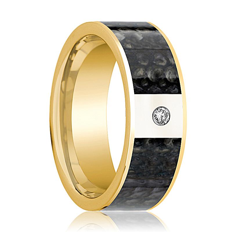 Dinosaur Bone inlay 14k yellow gold wedding band with diamond, top view