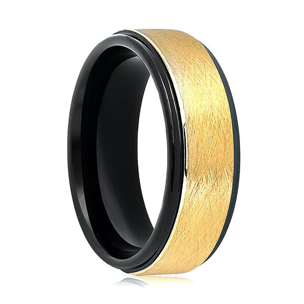 REBECK | Black Tungsten Ring, Gold Wire Brushed, Stepped Edge - Rings - Aydins Jewelry - 1