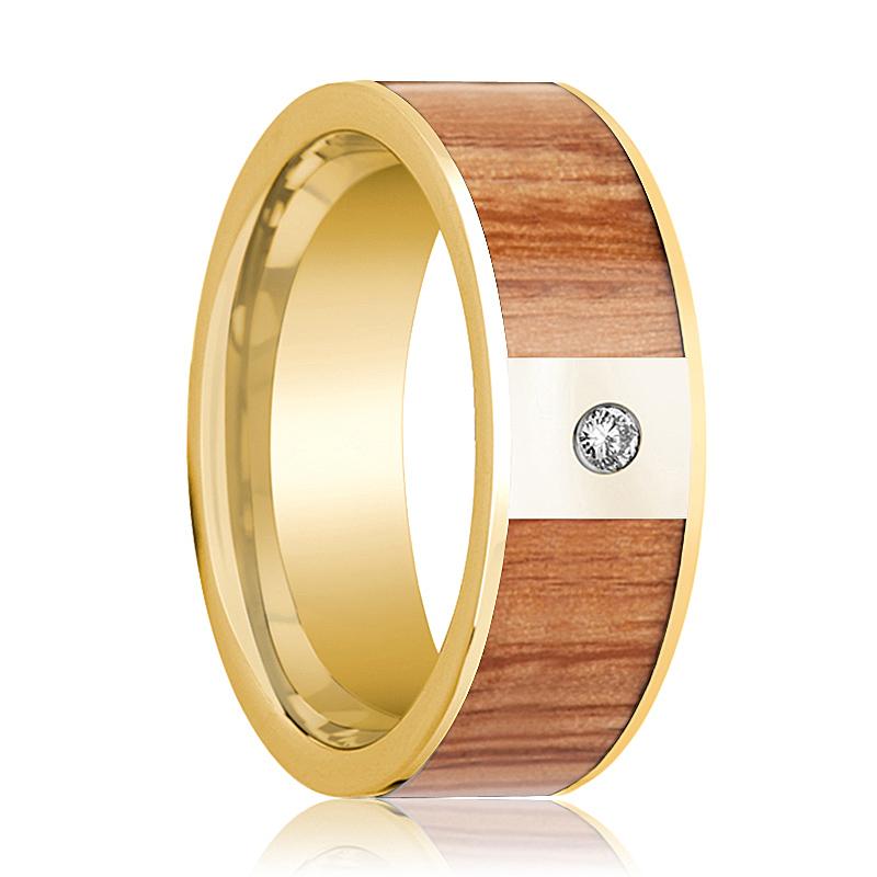 Red Oak Wood inlay 14k yellow gold wedding band 8mm with diamond, top view
