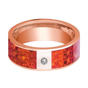 Red Opal inlay 14k rose gold wedding band 8mm with diamond, side profile