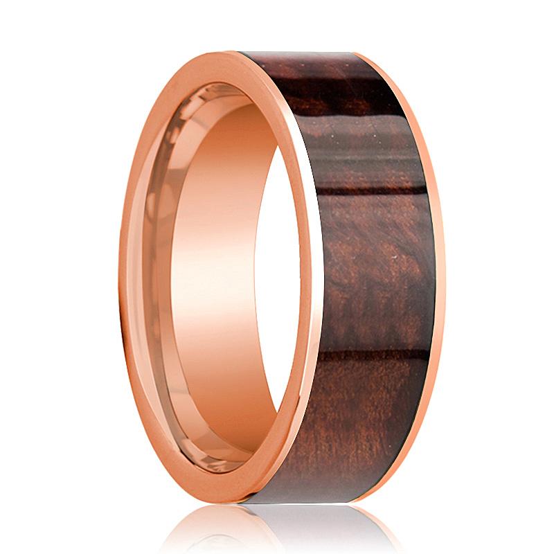 Red Wood inlay 14k rose gold wedding band 8mm, top view