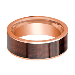 Red Wood inlay 14k rose gold wedding band 8mm, side profile