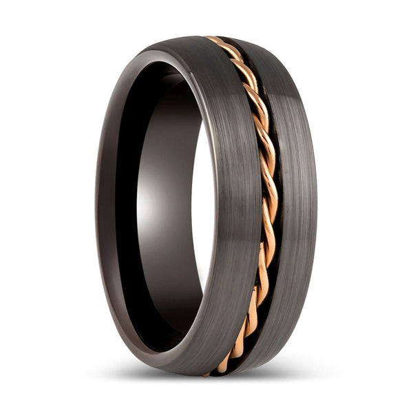ROSIUM | Gunmetal Tungsten Ring, Rose Gold Rope Inlay, Domed - Rings - Aydins Jewelry - 1