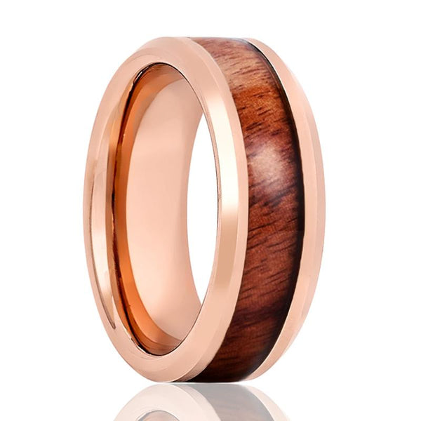 RUSTIC | Rose Gold Tungsten Ring, Koa Wood Inlay, Beveled - Rings - Aydins Jewelry - 1