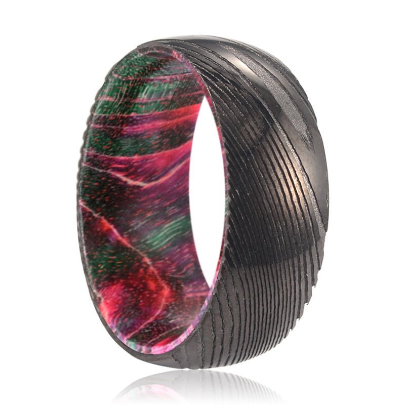 RUTLAND | Green & Red Wood, Gunmetal Damascus Steel Ring, Domed - Rings - Aydins Jewelry - 1