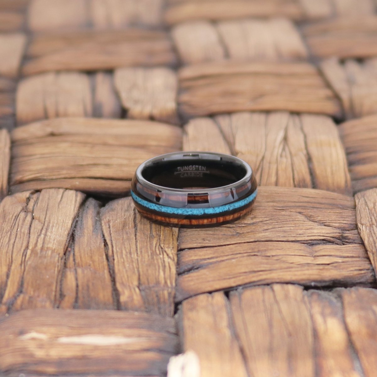 RYKER | Black Tungsten Ring, Koa Wood & Turquoise Inlay, Domed - Rings - Aydins Jewelry - 5