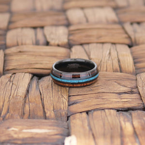 RYKER | Black Tungsten Ring, Koa Wood & Turquoise Inlay, Domed - Rings - Aydins Jewelry - 5