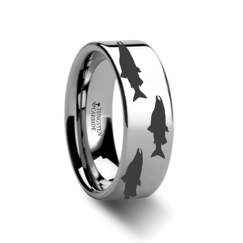 Salmon Fish Sea Pattern Print Flat Tungsten Weddin Tungsten Carbide men's wedding band, image 1