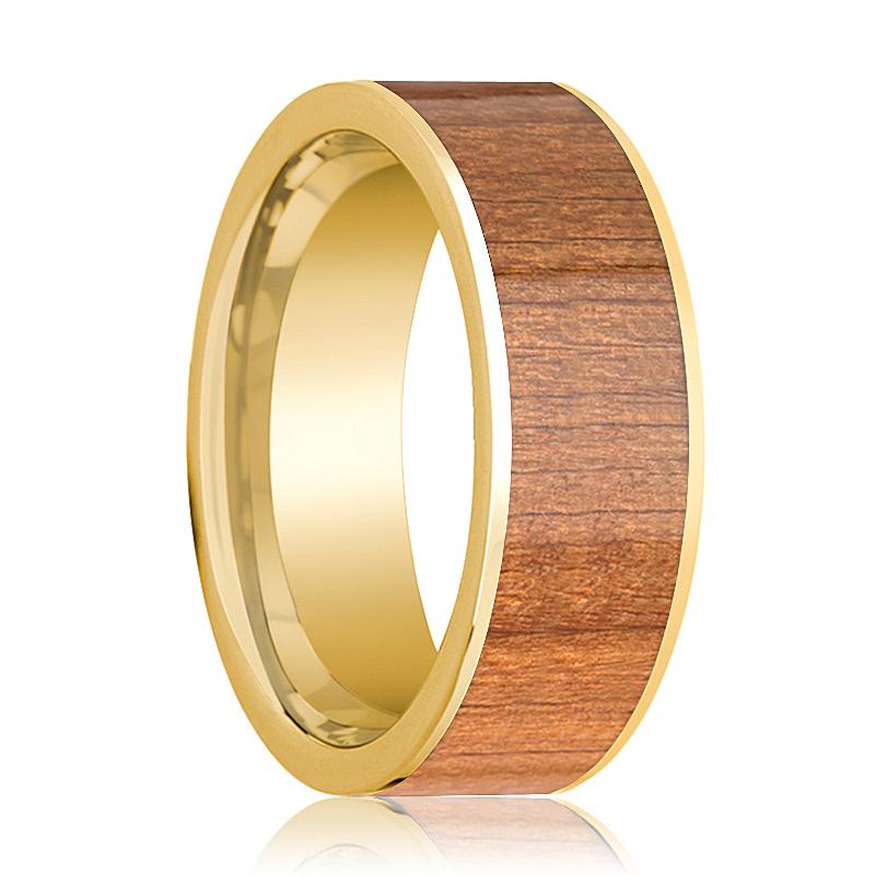 Sapele Wood inlay 14k yellow gold wedding band 8mm, top view