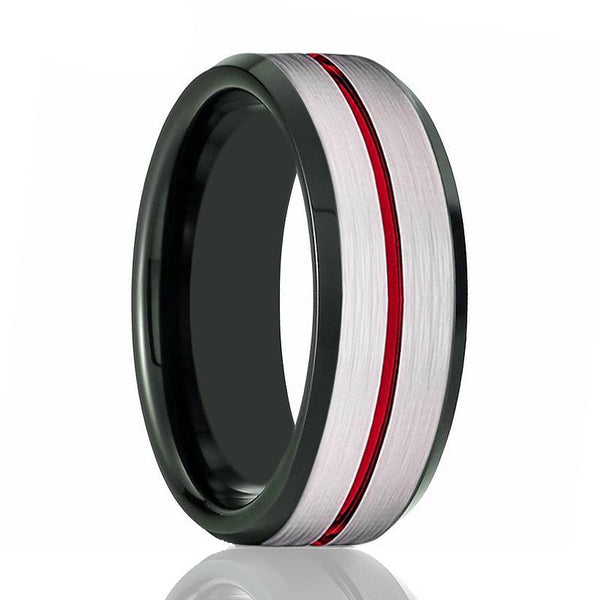 SCORCH | Black Ring, Silver Brushed Red Groove Black Beveled - Rings - Aydins Jewelry - 1