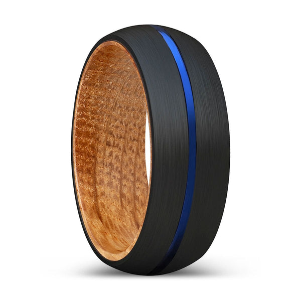 SIGGIE | Whiskey Barrel Wood, Black Tungsten Ring, Blue Groove, Domed - Rings - Aydins Jewelry - 1