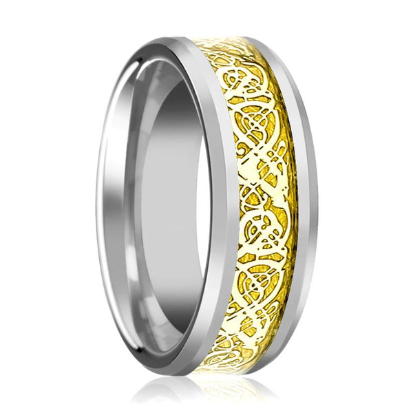 Silver Tungsten Carbide Ring for Men with Gold Celtic Dragon Inlay & Beveled Edges - 8MM - Rings - Aydins Jewelry - 1