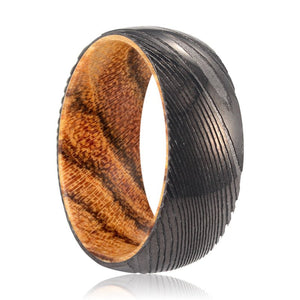 SMORE | Bocote Wood, Gunmetal Damascus Steel Ring, Domed - Rings - Aydins Jewelry - 1