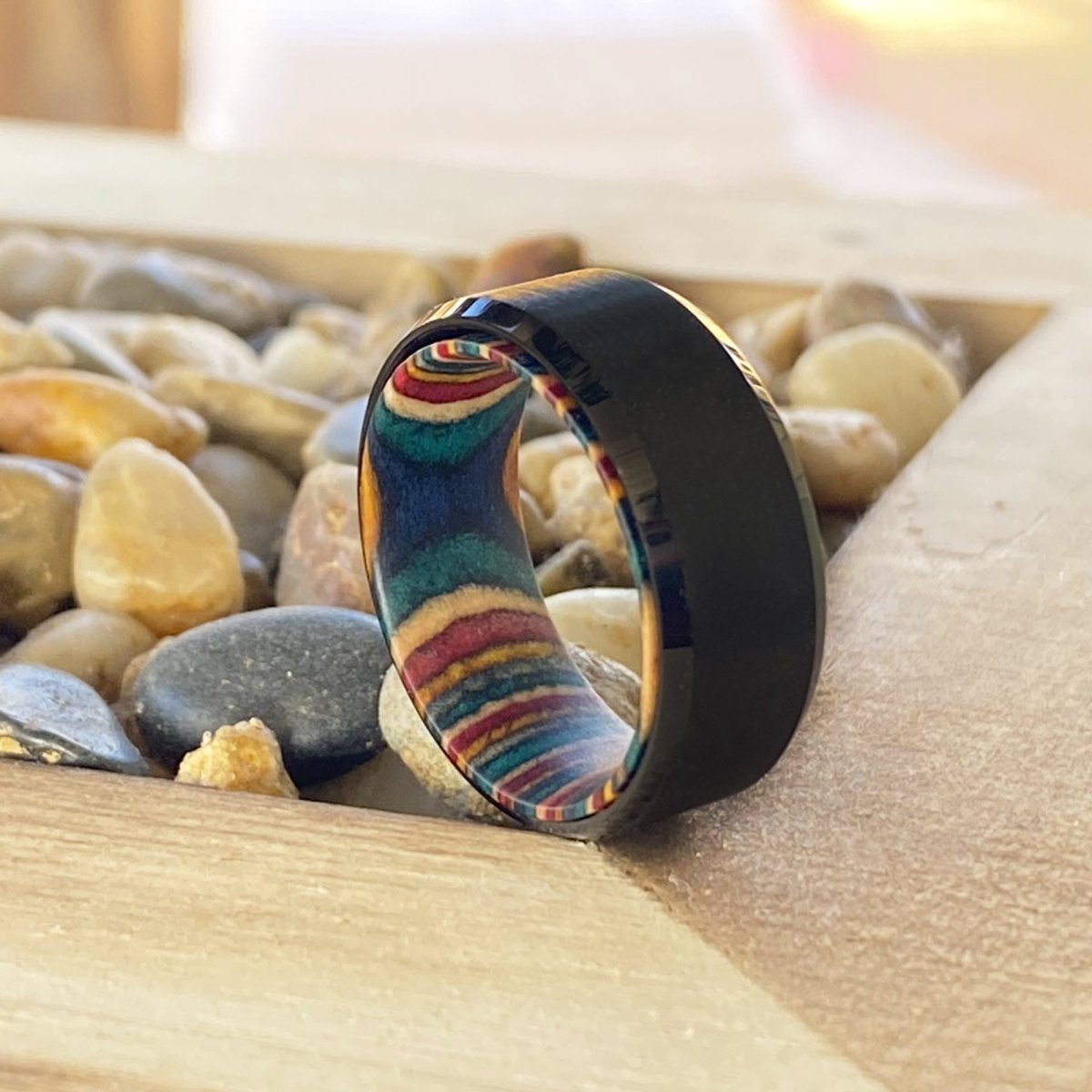 SPECK | Multi Color Wood, Black Tungsten Ring, Brushed, Beveled - Rings - Aydins Jewelry - 5