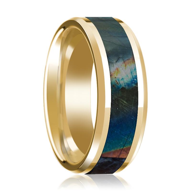 Spectrolite inlay 14k yellow gold wedding band 8mm, top view