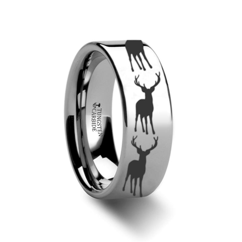 Stag Fawn Deer Elk Print Laser Engraved Animal Des Tungsten Carbide men's wedding band, image 1
