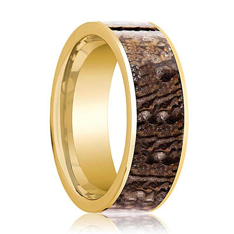 Dinosaur Bone inlay 14k yellow gold wedding band, top view