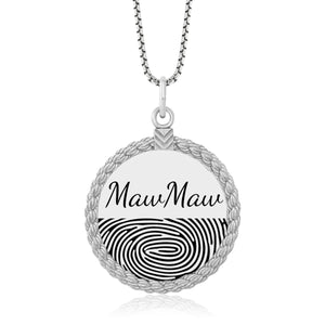 Sterling Silver Fingerprint Circle Pendant With Rope - Pendant > Fingerprint Necklace > Fingerprint Jewelry > Memorial Jewelry > Sterling Silver Fingerprint Necklace > Fingerprint Charm > Signature Jewelry > Photo Pendant > Real Photo Jewelry > - Aydins Jewelry - 1
