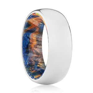 SUMMER | Blue & Yellow/Orange Wood, Silver Tungsten Ring, Shiny, Domed - Rings - Aydins Jewelry - 1