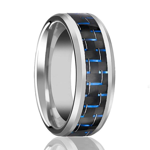 SUPERIOR | Silver Tungsten Ring, Blue Carbon Fiber, Beveled - Rings - Aydins Jewelry - 1