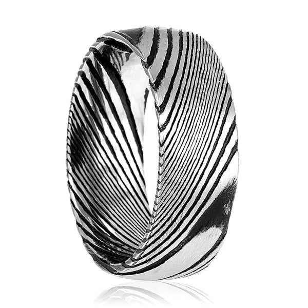 SWIRL | Silver Damascus Steel, Burl Wood Grain Texture, Domed - Rings - Aydins Jewelry - 1