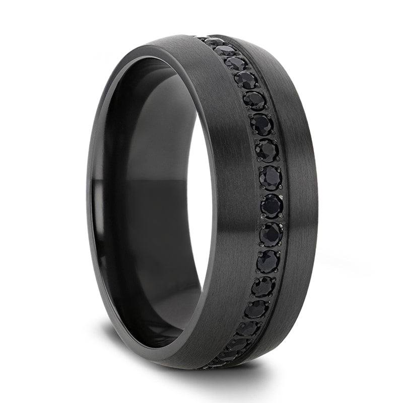 Steel ring, black colour, grooved edges, chain in the middle