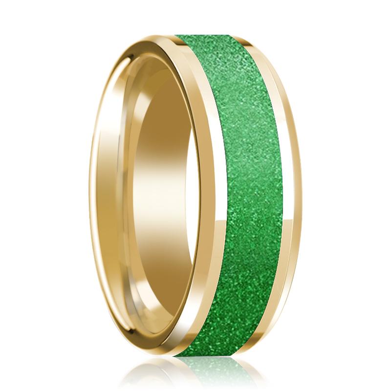 Green Inlay 14k yellow gold wedding band 8mm, top view