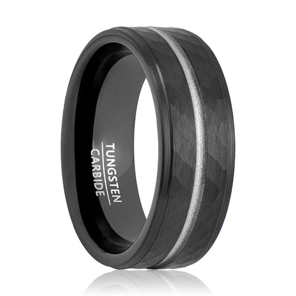 THUNDER | Black Tungsten Ring, Hammered, Silver Groove, Stepped Edge - Rings - Aydins Jewelry - 1