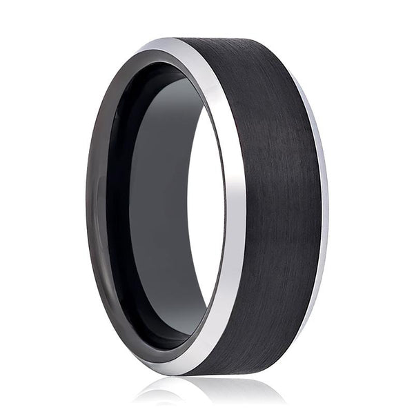 THURIO | Black Tungsten Ring, Black Brushed, Silver Beveled Edge - Rings - Aydins Jewelry - 1