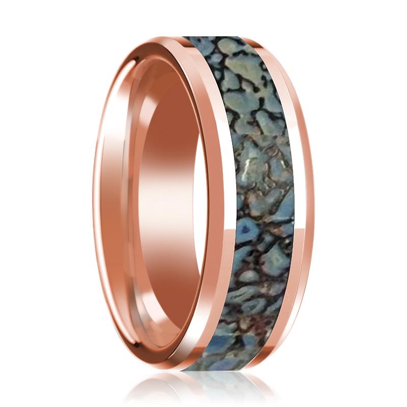 Dinosaur Bone inlay 14k rose gold wedding band, top view