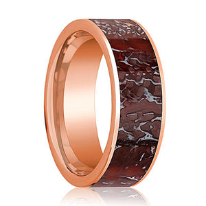 Dinosaur Bone inlay 14k rose gold wedding band, top view