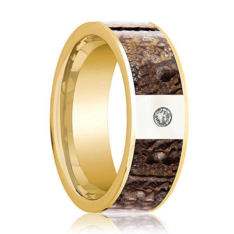 Dinosaur Bone inlay 14k yellow gold wedding band, top view