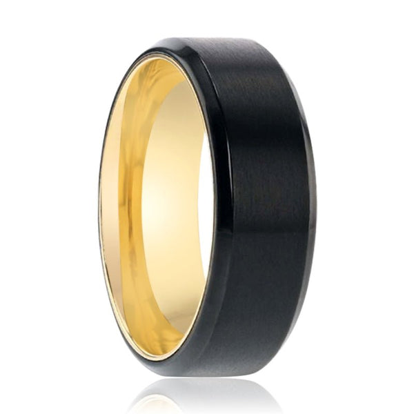 VELVET Flat Brushed Black Titanium Men's Wedding Ring With Yellow Gold Interior And Beveled Polished Edges - 8mm - Rings - Aydins Jewelry - 1