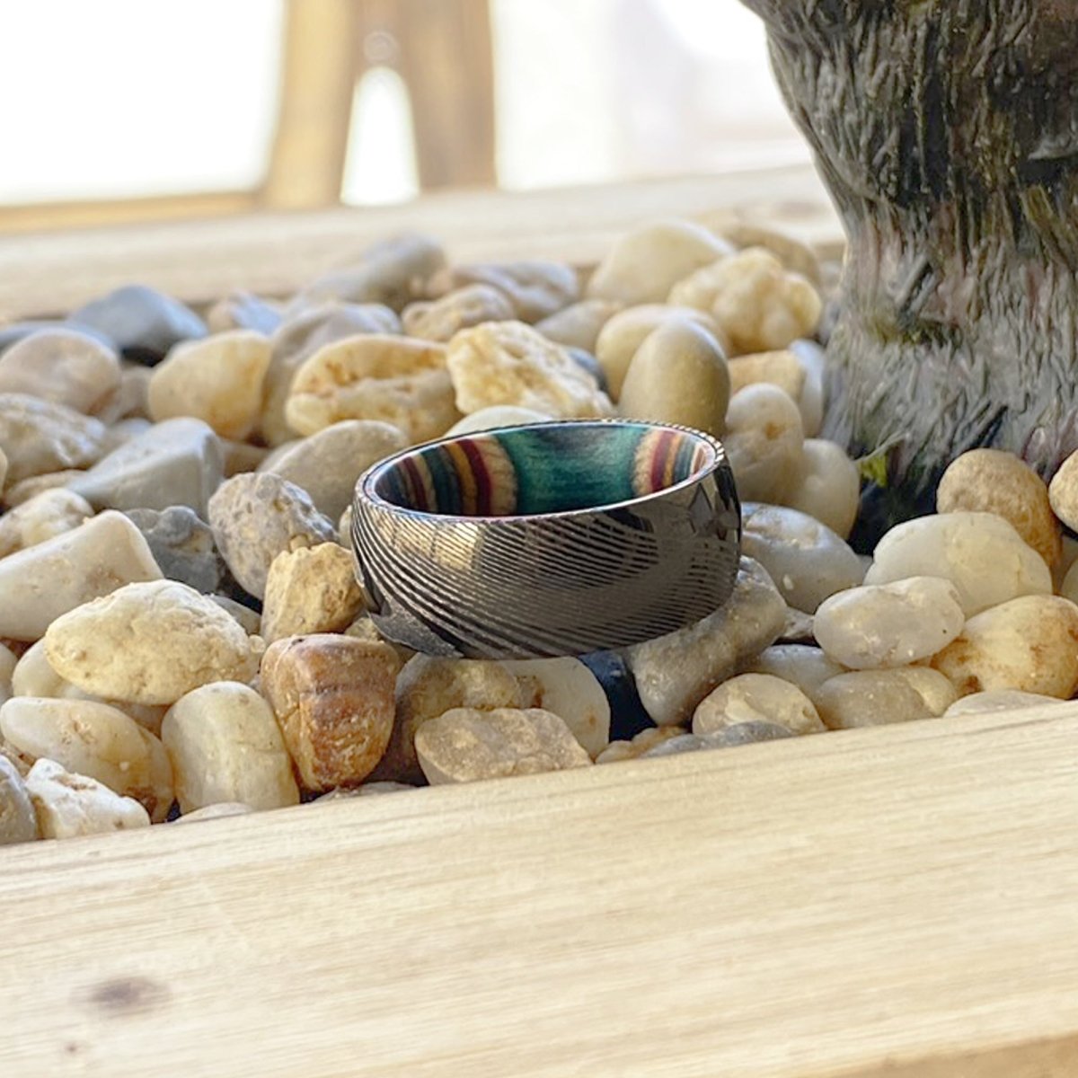 VERA | Multi Color Wood, Gunmetal Damascus Steel Ring, Domed - Rings - Aydins Jewelry - 6