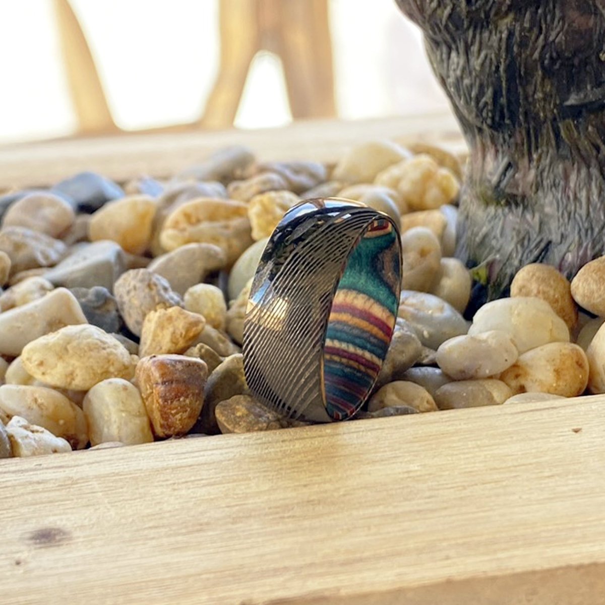 VERA | Multi Color Wood, Gunmetal Damascus Steel Ring, Domed - Rings - Aydins Jewelry - 7