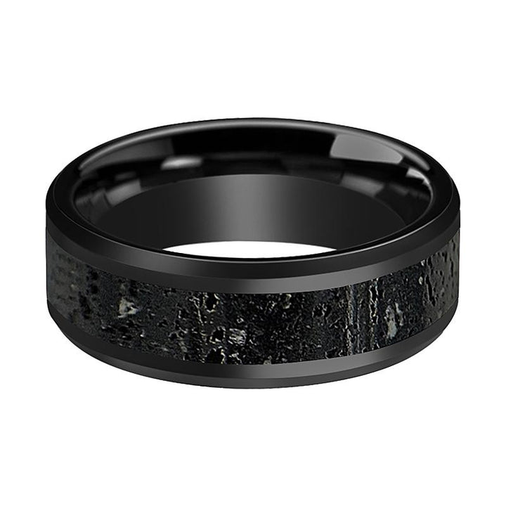 VESUVIUS | Black Ceramic Ring, Lava Rock Stone Inlay, Beveled - Rings - Aydins Jewelry - 2