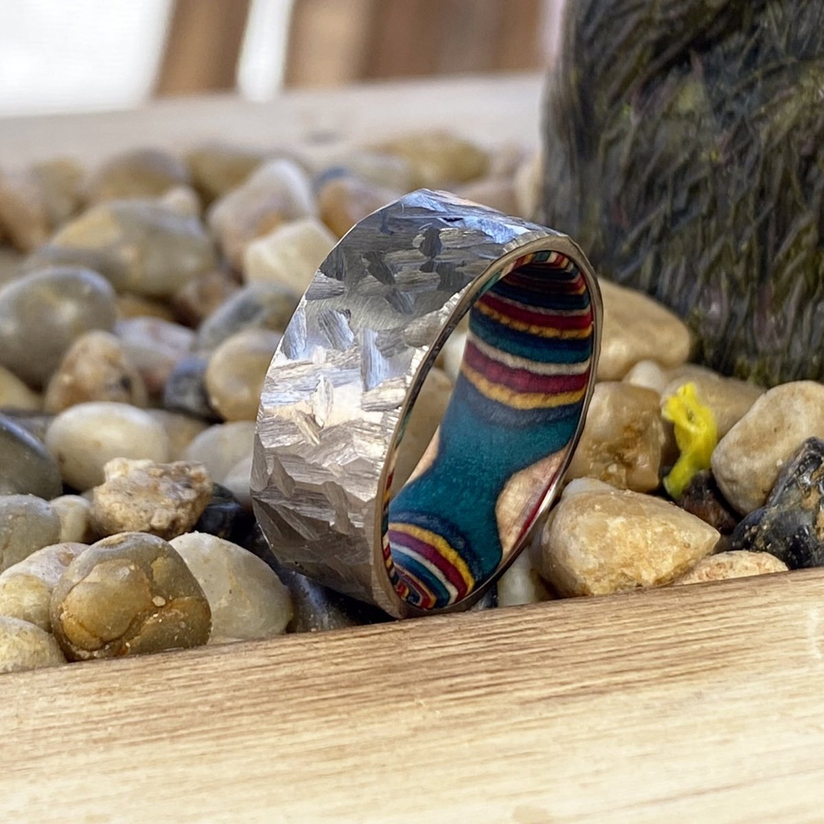 VIRAGE | Multi Color Wood, Silver Titanium Ring, Hammered, Flat - Rings - Aydins Jewelry - 5