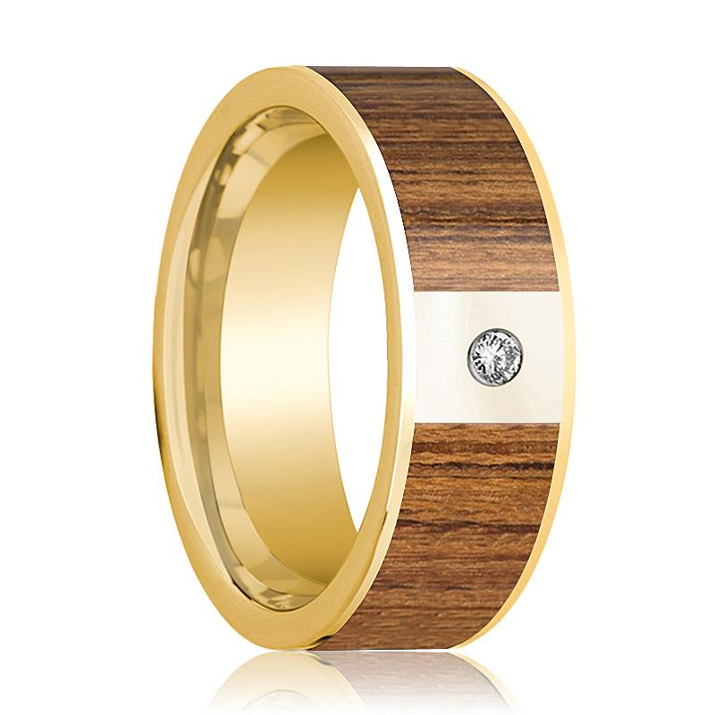 Teak Wood inlay 14k white gold wedding band 8mm with diamond, top view